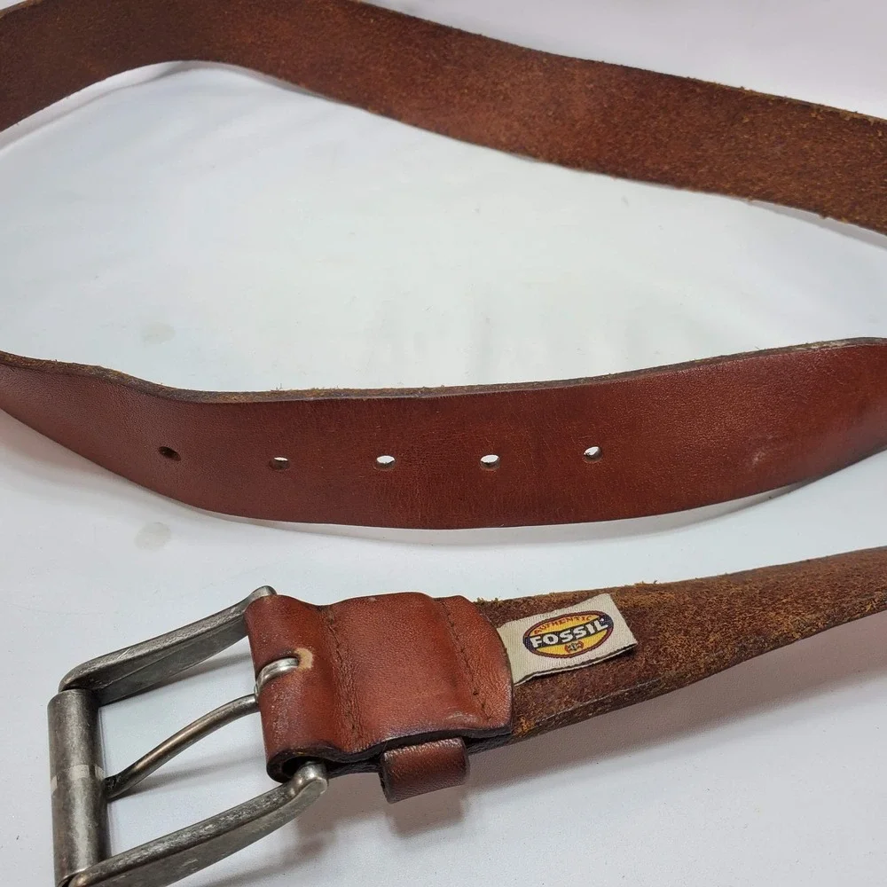 Vintage Fossil Brown Leather Belt Silver Buckle Men's Size 40/100 Jeans Cowboy
